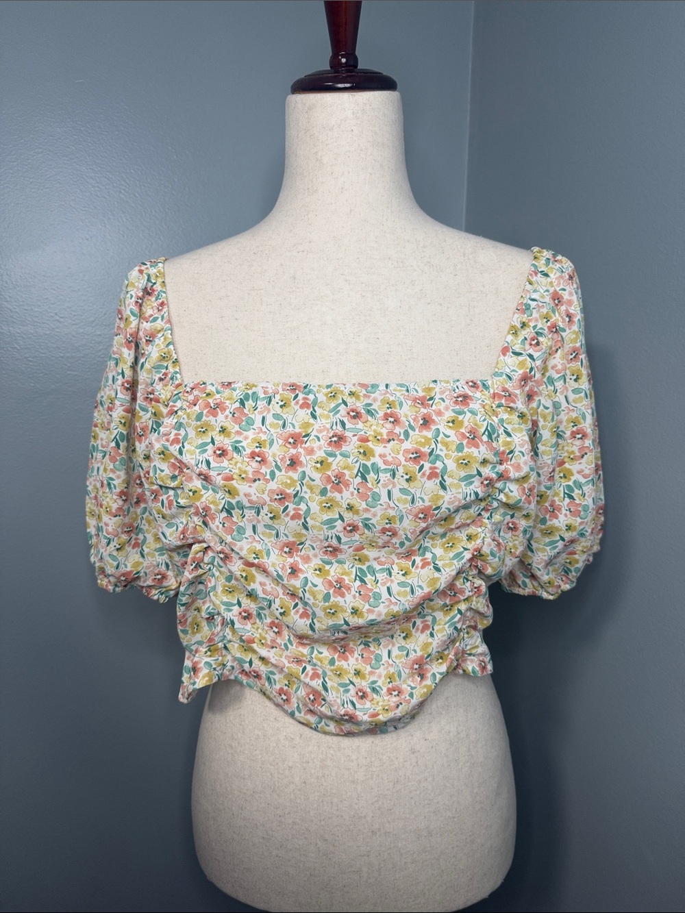 SHEIN Women’s Multicolor Puff-Sleeve Square Neck Crop Top Sz L